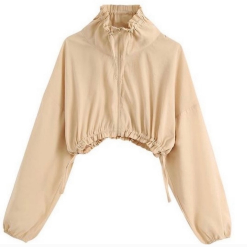 NWT 𝅺ZARA Vanilla Tan Flow Cropped Drawstring Jacket Sz XXL XL